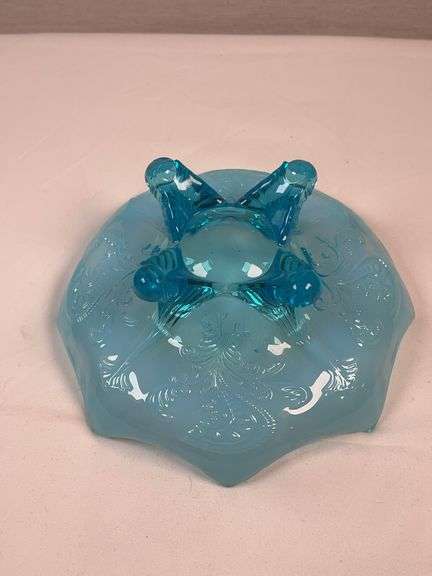 DUGAN BLUE OPALESCENT FOOTED NOVELTY BOWL