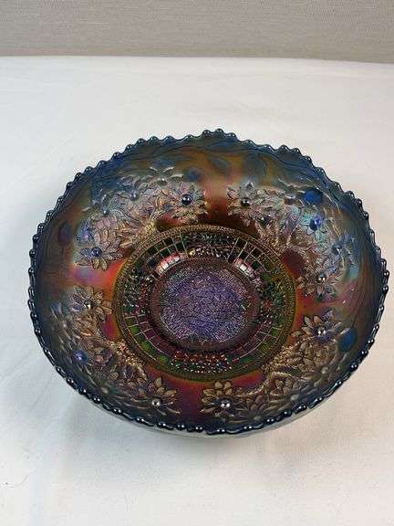 Fenton Blue Orange Tree Carnival Glass Round Bowl