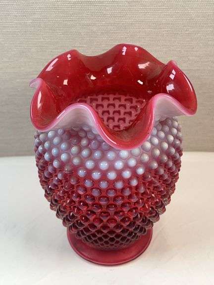 FENTON CRANBERRY OPALESCENT HOBNAIL VASE