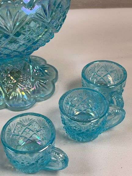 Westmoreland Blue Iridescent Mini Punch Bowl Set w/ 6 Cups – Daisy & Button Pattern