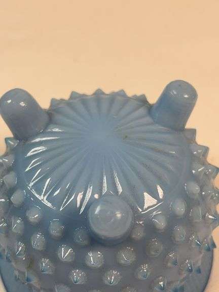 Fenton Blue Opalescent Hobnail Footed Toothpick Holder w/ Lid