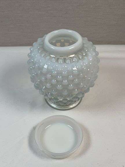 Fenton White Clear Glass Hobnail French Opalescent Ginger Jar Vase