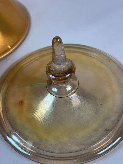 Lancaster Marigold Carnival Glass Covered Compote