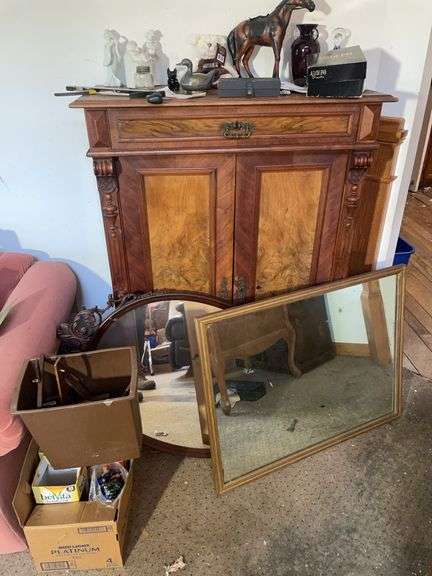 Antique wooden stand w/ contents, (2) mirrors, hanging wall decor & more
