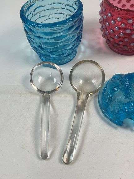 Fenton & Smith Art Glass Honey Jars – Hobnail & Daisy-Button w/ Spoons