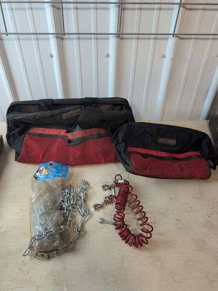 (2) Craftsman tool bags and (2) dog tie-outs