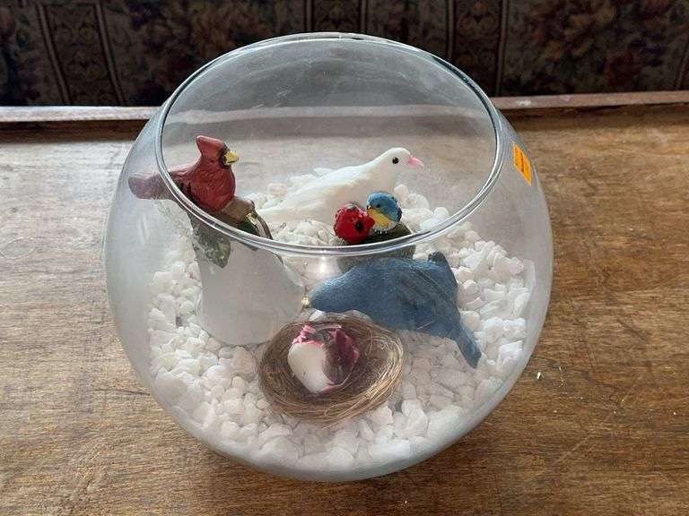 Decorative Glass Bowl with Rocks and Bird Statues