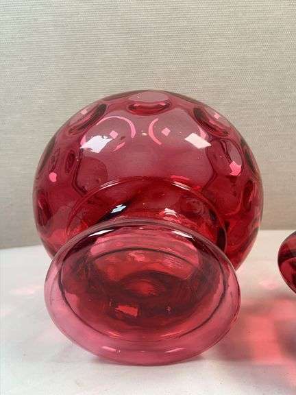Fenton Pink Cranberry Glass Apothecary Canister Pink Dish Thumbprint Glass