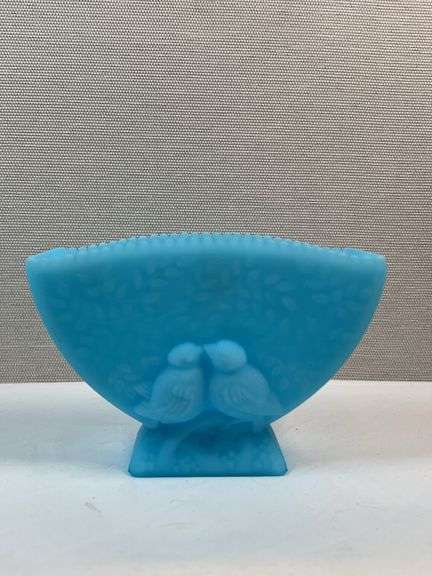 FENTON BLUE SATIN FAN VASE LOVEBIRDS