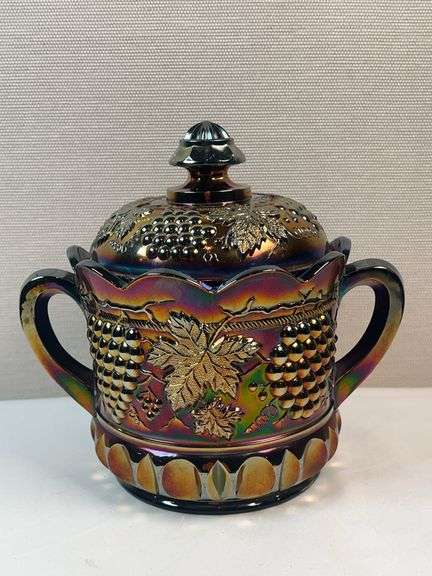 Northwood, Electric Amethyst, Grape & Cable Carnival Glass Cracker Jar