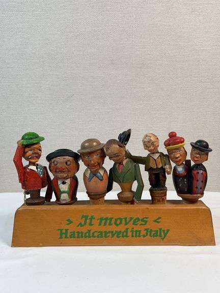 Vintage Hand-Carved Italian “Corkscrew Men” Moving Bottle Stopper Display – 6 Pc Automata Set
