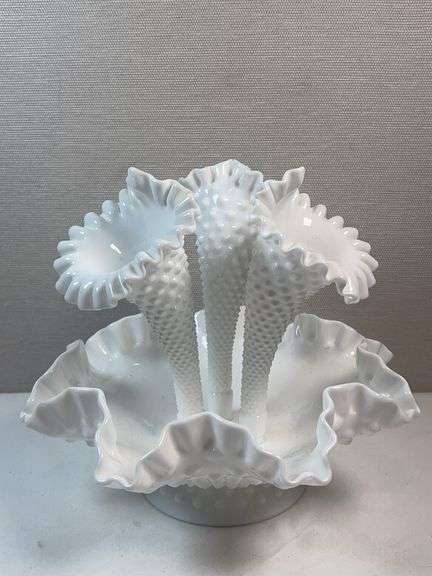 Fenton White Hobnail 3-Horn Epergne