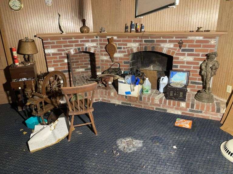 Cabinet, Winston clock, spinning wheel, statue, chair, bed warmer, tins, and more