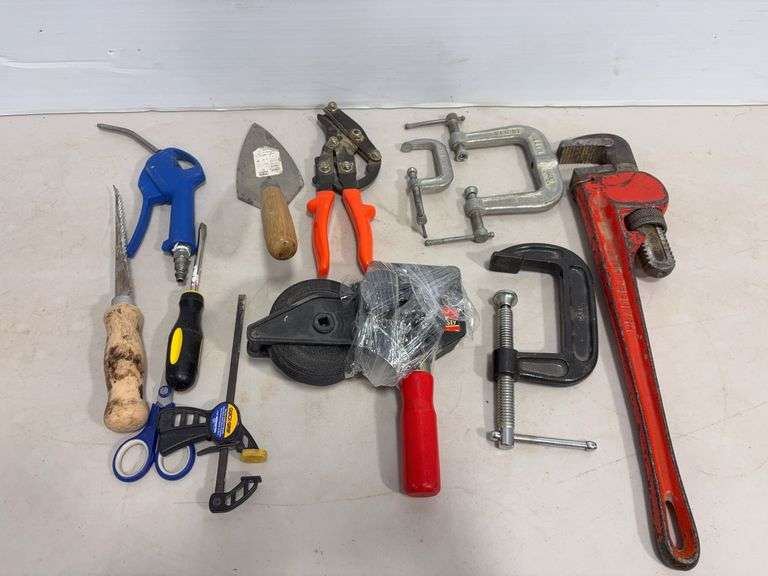 Ridgid pipe wrench, “C” clamps, angle strap clamp & more