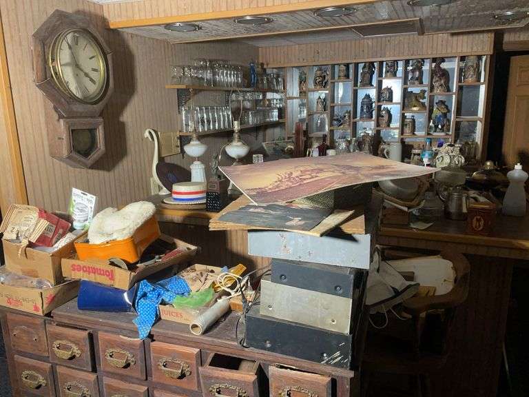 Vintage chest of drawers, steins, glassware, and much more
