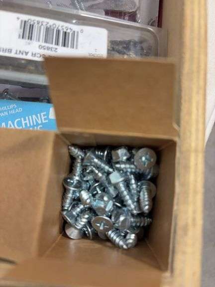 Wooden organizer box w/ fasteners, misc. hardware & more