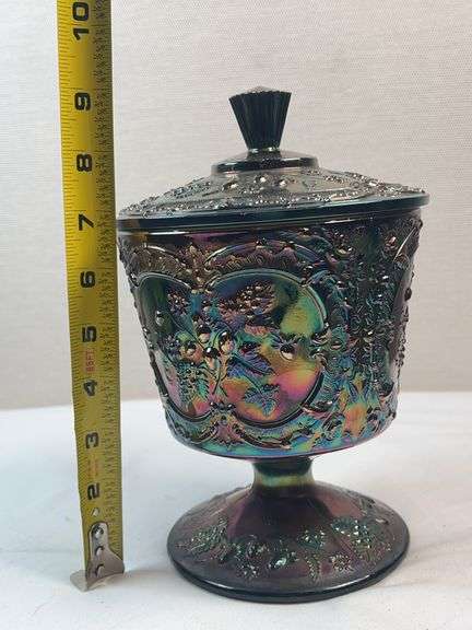 Fenton Glass Amethyst Carnival Wild Strawberry Candy Compote W/ Lid