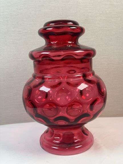 Fenton Pink Cranberry Glass Apothecary Canister Pink Dish Thumbprint Glass