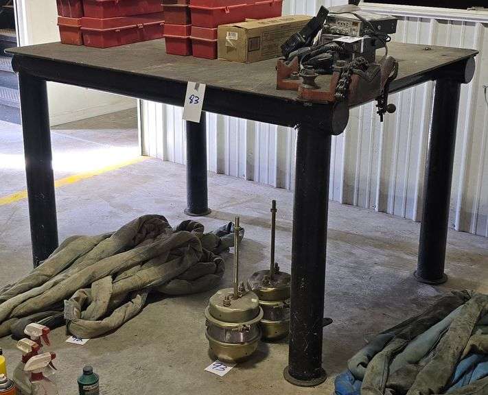 METAL TABLE WITH PIPE VISE 60" LONG, 48.5 WIDE, 40" TALL