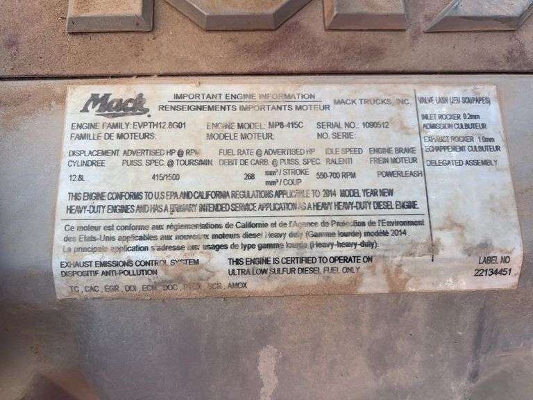 2015 Mack CHU613 showing 43,870 mi, 6,916 hrs - runs