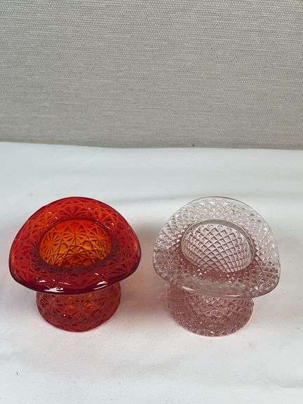 Daisy & Button Amberina and Pink Diamond-Point Glass Top Hats – Pair