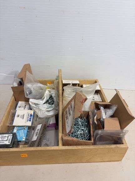 Wooden organizer box w/ fasteners, misc. hardware & more