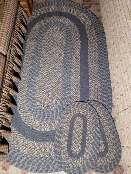 LARGE BRAIDED FLOOR RUG (approx 93” long) & 2 SMALLER RUGS