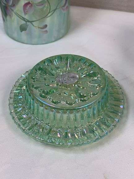 FENTON FAIRY LAMP Sea Mist Green Iridized