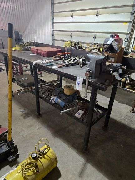 8' WORK BENCH WITH VISE, 31" WIDE, 46" TALL. NO OTHER CONTENTS