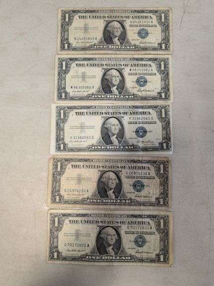 (5) silver certificate dollar bills