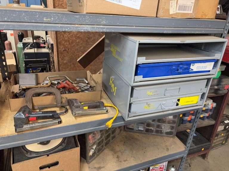 Kimball Midwest bolt/fastener organizers & tools including (2) staple guns, clamp & more
