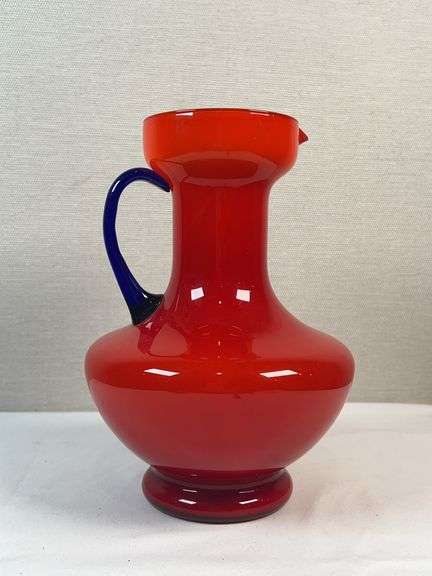Murano Cased Red Art Glass Pitcher with Cobalt Handle