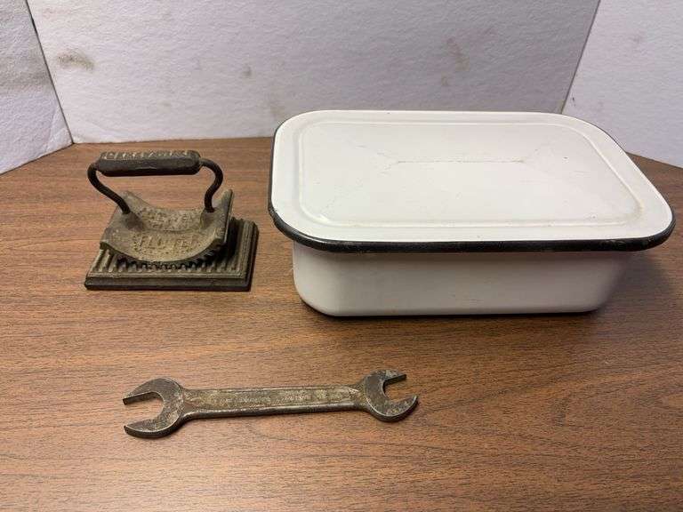 Geneva hand fluter and stoneware tin and wrench