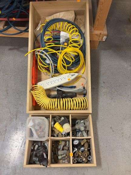(2) wooden dovetail boxes w/ misc. air fittings, power cord, air & electrical odds & ends
