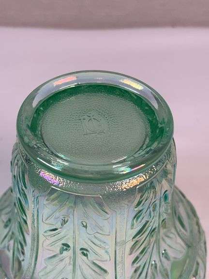 Jeannette “Iris & Herringbone” Iridescent Green Vase / Spooner