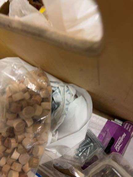 Wooden organizer box w/ fasteners, misc. hardware & more