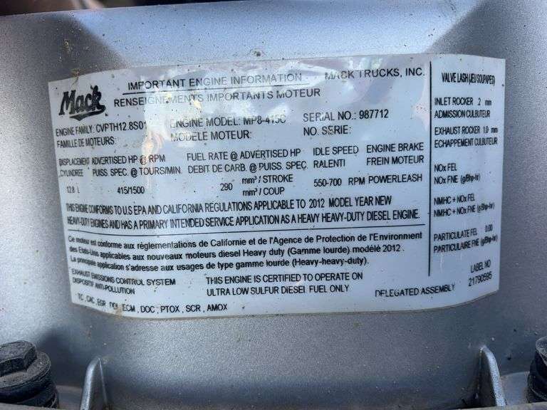2013 Mack CHU613 showing 11,159 mi, 3,727 hrs- runs