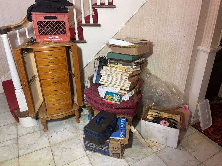 Jewelry cabinet, vinyl records, totes of items, chair, and more