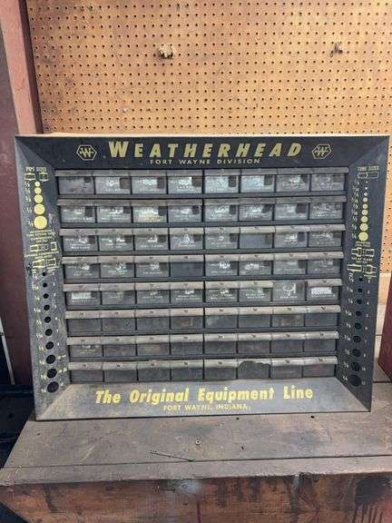 Weatherhead cabinet w/ contents including nuts, bolts, screws & more