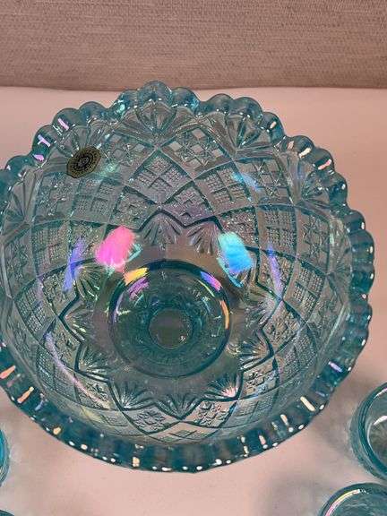 Westmoreland Blue Iridescent Mini Punch Bowl Set w/ 6 Cups – Daisy & Button Pattern