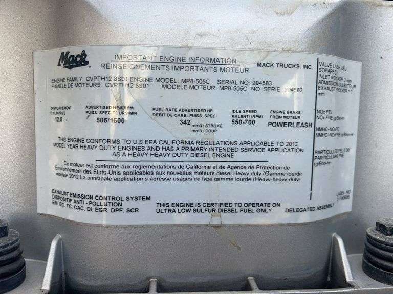 2013 Mack CXU613 showing 376,107 mi, 8,830 hrs - doesn’t run