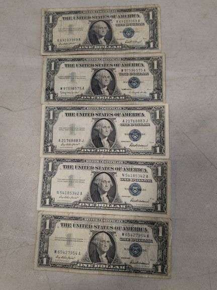 (5) silver certificate dollar bills