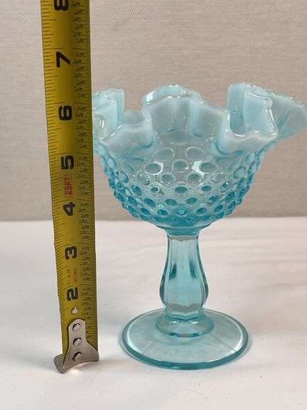 Fenton Blue Opalescent Hobnail Ruffled Edge Footed Compote