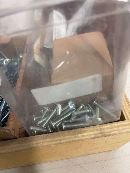 Wooden organizer box w/ fasteners, misc. hardware & more