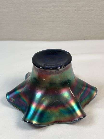 Fenton Blue Carnival Glass Peacock Tail Ruffled Nut Bowl