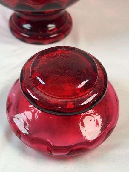 Fenton Cranberry Glass Thumbprint Coin Dot Covered Apothecary Candy Jar Dish