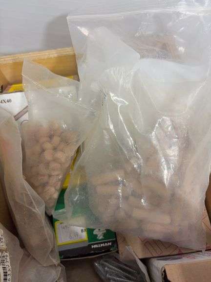 Wooden organizer box w/ fasteners, misc. hardware & more