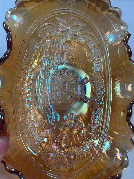 Imperial Marigold Carnival Glass “Lustre Rose” Oval Relish