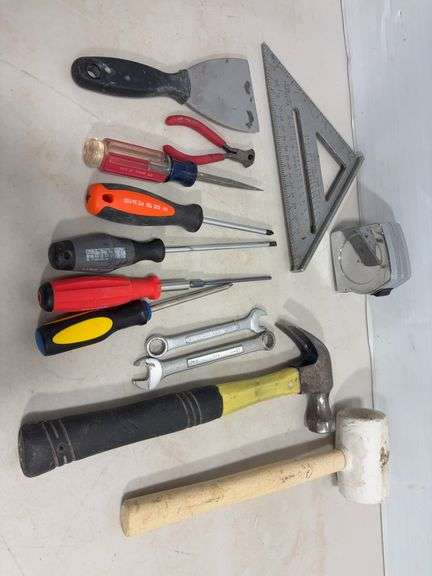 Flat of tools including hammer, mallet, screwdriver & more