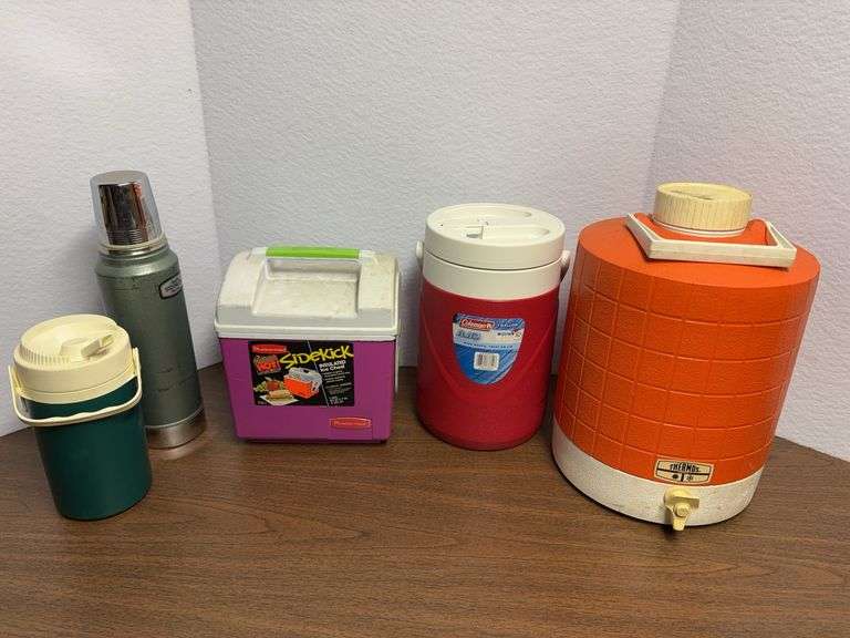 Stanley thermos, Coleman jug, Rubbermaid lunchbox, and picnic jug